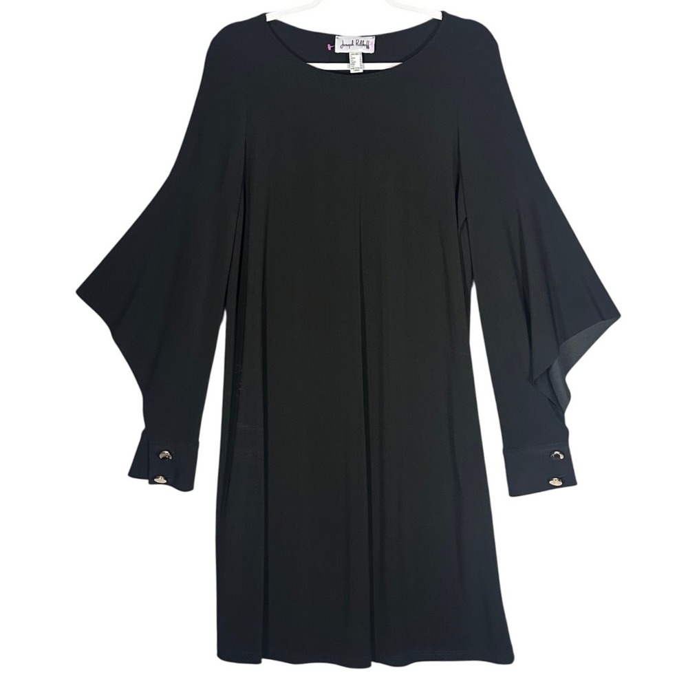 Joseph Ribkoff Black Flare Sleeve Shift Dress Sz 10 Gold Button Cuffs 191033 LBD